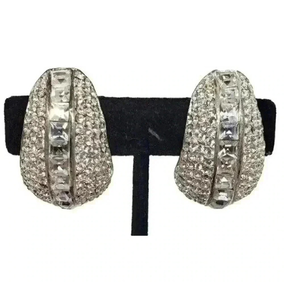 Vintage Earrings Art Deco Chunky Rhinestone Clip Statement Barbie Wedding 70s - Picture 2 of 10